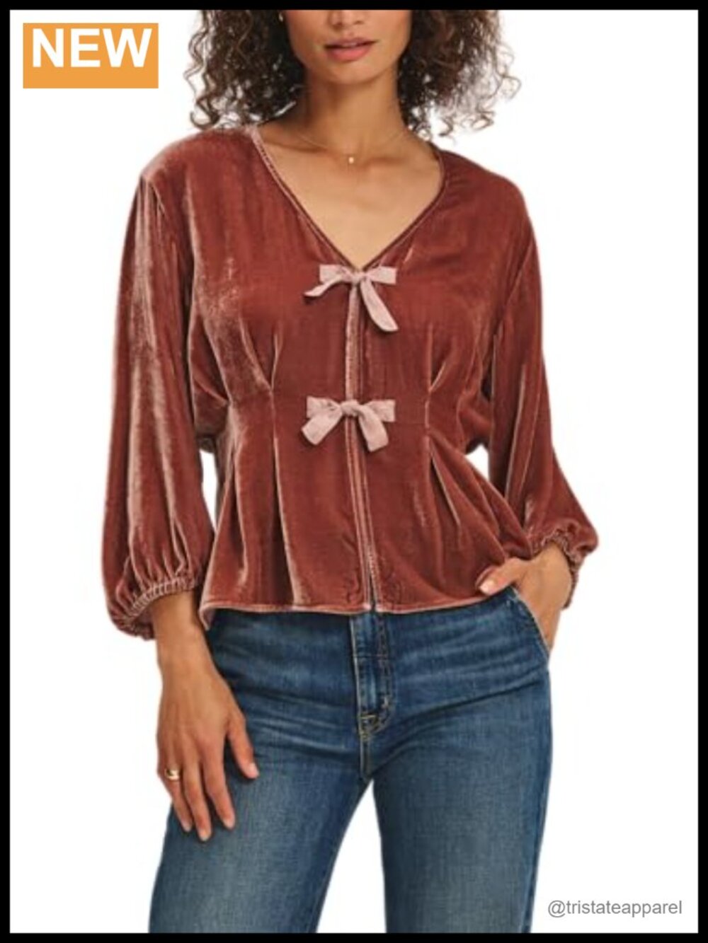 Velvet & Satin Mix Media V-Neck Blouse Puff Sleeve Women's Top